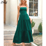 Up Back A-Shape Maxi Dress For Woman Solid Green Sexy Thin Straps Holiday Beach Dress 2023 Summer Female Sundress