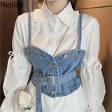 Korean Chic Suit Women 2 Piece Long Blouses Sets Puff Sleeve Turn-down Collar Tops Sashes Slim Cowboy Vest Two Piece