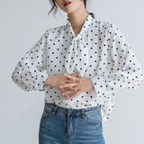Polka Dot Blouse Women Loose Casual Tops Female Plus Size Shirts Blouse Lantern Sleeve Office Work Wear Shirts White