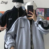 Sweatshirts Women Striped Zip-up Turn Down Collar Zipper Simple All-Match Ulzzang Chic Casual Ins New Design Trendy