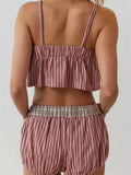 Women Pajamas Sets 2 Pieces Loungewear Suits Plaid Print Camis Cropped Tank Tops Drawstring Shorts Sleepwear