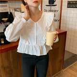 Korean Chic White Blouse Women Ruffles Tops Casual Long Sleeve Shirts Sweet V-neck Button Shirt Blusas Mujer De Moda