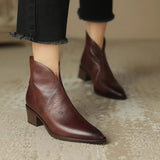 Zingj New Pointed Brown Vintage Martens Women's British Style V Mouth Ankle Boots Women's Thick Heel Short