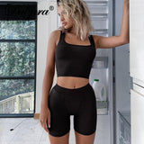 Ribbed Knitted Women 2 Pieces Crop Top Tanks Biker Shorts Set Patchwork Tracksuit Streetwear Sporty 2022 Summer