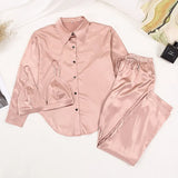 Satin Pajamas For Women 3 Piece Set Turn Down Collar Long Sleeve Tops Bra Female Sets With Pants Solid Home Wear