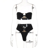 Metal Pins 2 Layers Bodycon Tube Top Panty Two Piece Set Women Summer Bathing Suit Beach Wear Black