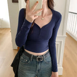 Style Slim Long-Sleeved T-Shirt For Thin Spice Girl A New Solid Color Bottomed Shirt With Low Collar Collarbone Blouse For Women In Early