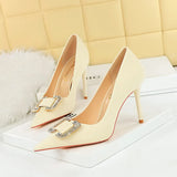 Zingj Fashion Banquet High Heels Fine Heel Shallow Pointed Satin Metal Water Diamond Buckle Single Shoe
