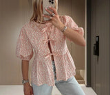 Zingj Fashion Casual Print Hollowed-Out Lace-Up With Lotus Leaf Bubble Sleeves Shirt Women's