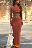Women Knitted Two Piece Set Crochet Hollow Out Backless Tie Up Bandage Crop Top Vest Wrap Bodycon Long Skirts