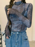 Sheer Mesh Top T-shirt Women Clothes Long Sleeve 2022 New Spring Summer Korean See Through Crop Top Tshirts Y2k
