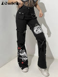 SUCHCUTE Gothic Bandage Women Baggy Jeans Punk Style Egirl Black Denim Trousers Y2K Dark Academia Hight Waist Streetwear