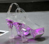 Square Heels Glowing Sandals Women Summer LED Flowers Transparent High Heels Shining Platform Thick Heel Ladies Banquet