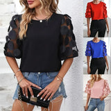 Zingj Wise Hot Style Round Collar Hollow Short-Sleeved Top Casual Lace Splicing