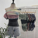 Shooting Can Wear Two-Wear Art Dizzy Net Yarn Spliced A Word Shoulder T-Shirt To Repair The Chest Short Babes Top