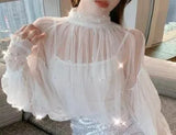 Pieces Set Shirt +Tank Spring Women Lace Bottoming Blouse Beading Mesh Shirt Female Lantern Sleeve Blouses Short Tops