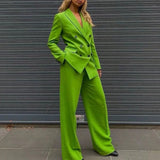 2022 Fashion New Double Breasted Slim Fit Solid Color Blazer Retro Leisure Female Chic Jacket+Mid Waist Pants