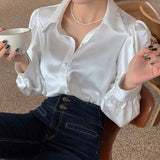 Bubble Sleeve Loose Satin Button Lapel Shirt Elegant Women Shirt Tops White New Chic Women Blouse Blusas Mujer