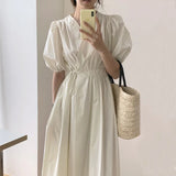 Korean Fashion Midi Dress Women Chic Elegant V-neck Cross Lace-up Solid Puff Sleeve Casual Dress Summer One Piece
