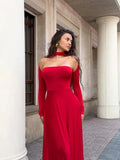 Off-Shoulder Long Sleeve Flare Maxi Dress- Outfit