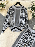 Knitted Two Pieces Suits Round Neck Labyrinth Print Loose Sweater+Wide Legs Long Pants Women Korean Style Casual