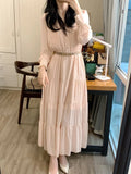 Spring New Women One Piece Fashion Elegant Long Sleeve Casual Pleated Midi Dresses With Belt Female Clothes