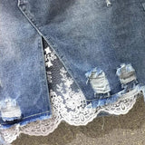 VAREY LIN 2022 New Spring Women Denim Skirts Casual Lace Irregular A-line Skirts High Waist Hole Split Denim Skirt