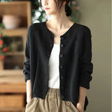 Zingj 2024 New Art Retro Cotton Thread Knit Cardigan Female Round Collar Long Sleeve Coat Fashion Casual Outside-Outfit