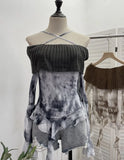 Shot Shoulder Cross Hanging Neck Knitting Mesh Yarn Coat Irregular Ribbon Horn Long-Sleeved T-Shirt