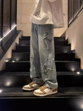 Street Jeans Men's Star Embroidery Design Straight Trousers Chao Brand Ins Loose Wide-Leg