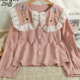 Flower Embroidery Shirt Women Korean Lace Splicing Peter Pan Collar White Blouses Sweet Office Long Sleeve Female