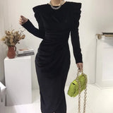 Women Velvet Midi Dress Vintage Elegant Slim Waist Black O-Neck Long Sleeve Vestido Feminino Party