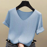 Zingj Summer Thin New Ice Silk Sweater Loose V-Collar Bottomed Black T-Shirt Short-Sleeved Women's Solid Color Ins