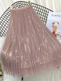 Summer Skirts Women Korea Long Tulle Skirt Sequined Pleated A Line Midi Skirt Chic High Waist Skirt