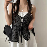 V-Neck Lace-Up Floral Mesh Bow Knot BlouseOutfit