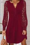 Mini Dress Women Summer Elegant Dress Female Fashion O Neck Button Dress Ladies Lace Hollow Out Long Sleeve