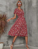 Printed Casual Beach Midi Dresses Women Summer V-neck Short Sleeve Empire Waist A-Line Dress Sundress Vestido Robes