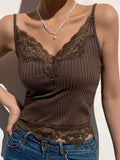 Basic Bodycon Women Camis Grunge Punk Black Casual Lace Trim Crop Tops Ribbed Backless Alt Clothes