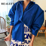 New Spring Double Pockets Turn-down Collar Cotton Women's Blouse Casual Loose Female Blouse Tops Workwear