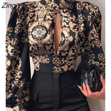 Elegant Workwear Womens Blouse Casual Baroque Print Puff Lantern Sleeve Backless Top Long Sleeve Party Wear Shirts