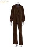 Causal Loose Home Suit Autumn Long Sleeve Blouse With High Wasit Pants Set Women Elegant Pleated Beige 2 Piece Pant