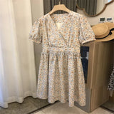 New Women's Summer V Neck Short Sleeve A Line High Waist Fashion All Over Floral Printed Puff Sleeve Belted Smock