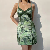 y2k Floral Mini Dress Lace V Neck Spaghetti Strap Sundress Retro Elegant Boho Beach Party Bodycon Dress Women