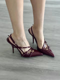 Zingj New Patent Leather One Word Buckle Cat With Baotou Sandals Women's Black Silk Pointed High