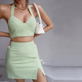 Skirt Suit Sexy Short High Waist European 2022 Summer Halter Camisole 2-piece Set Women's Light Green Plaid Suspenders
