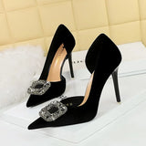 Zingj Banquet High Heels With Thick Suede Tip Side Hollow Out Metal Diamond Buckle Super High