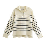 And Winter New Fashionable Long-Sleeved Striped Hem Split Sweater 5536025 Casual Top