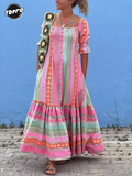Patchwork Half Sleeved Women Maxi Dress Casual Beach Holiday Square Collar Ruffles Loose Dress Female Bohemian Mujer