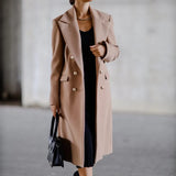 Women Solid Long Sleeve Woolen Cardigan Tops Fall Winter Lady Lapel V-neck Straight Long Coat Outwear Fashion Button-up