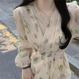 Zingj Tea Break Skirt Summer 2024 New Temperament Collar Waist Long Sleeve Small Floral Dress Woman-Outfit